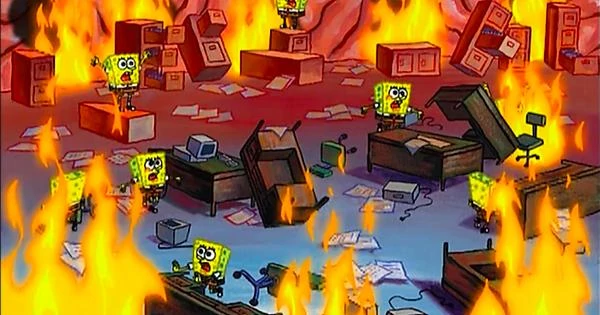 A screengrab of the Spongebob Squarepants episode 'Squilliam returns'. It shows many smaller SpongeBobs that are surrounded by fire and chaos in Spongebob's brain.