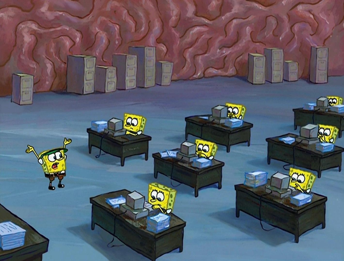 A screengrab of the Spongebob Squarepants episode 'Squilliam returns'. It shows many smaller SpongeBobs who are hard at work in Spongebob's brain.