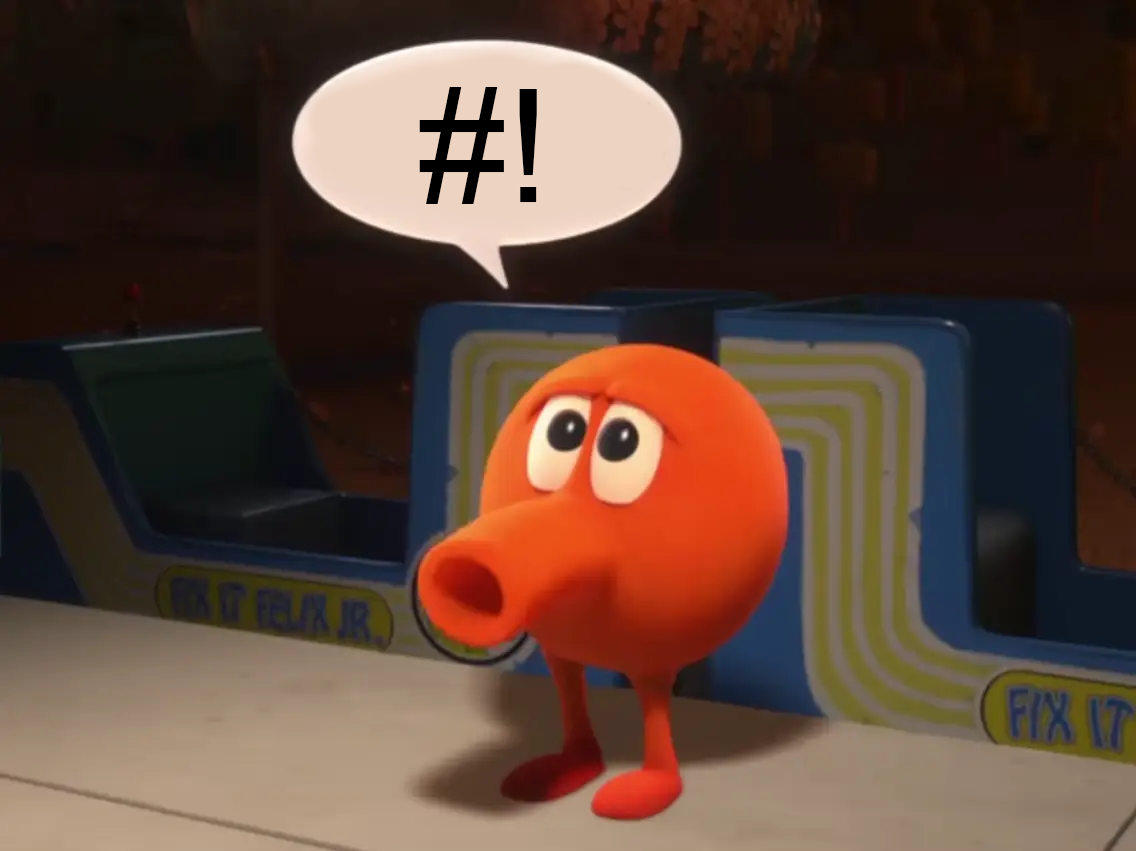 Qbert character with the characters '#!' displayed in a cloud bubble above their head'