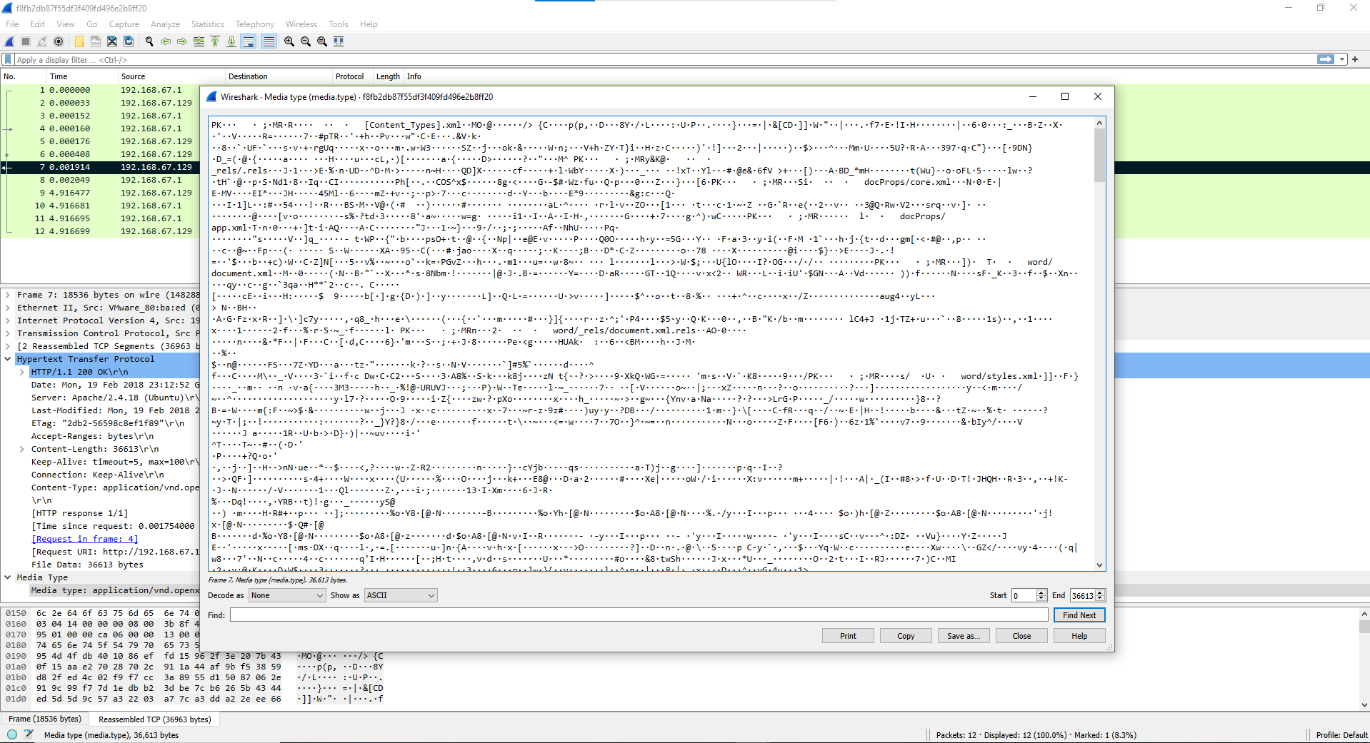 Screenshot of Wireshark application with the Media type window